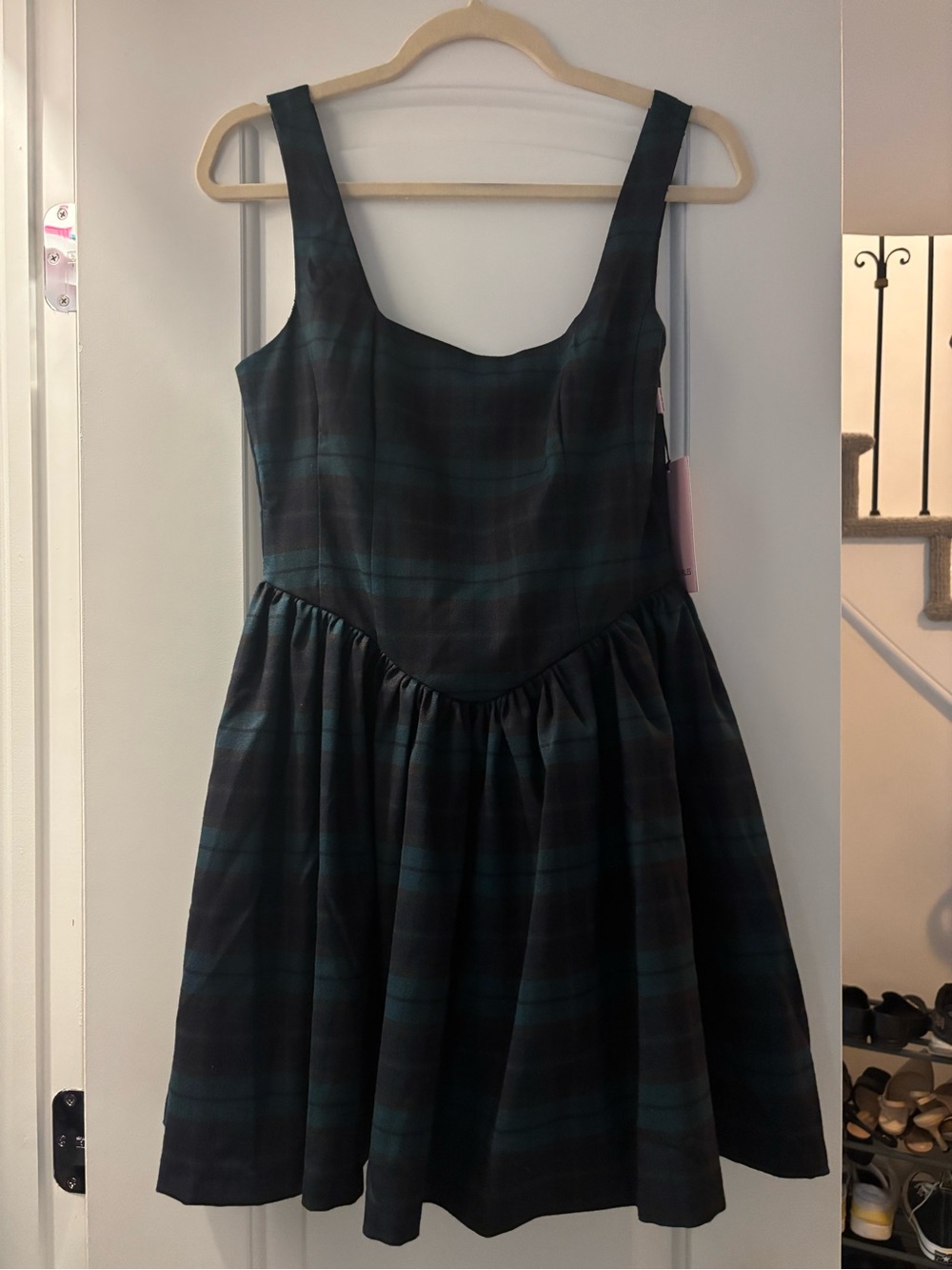 Plaid Sleeveless Fit-and-Flare Dress in Dark Green and Black